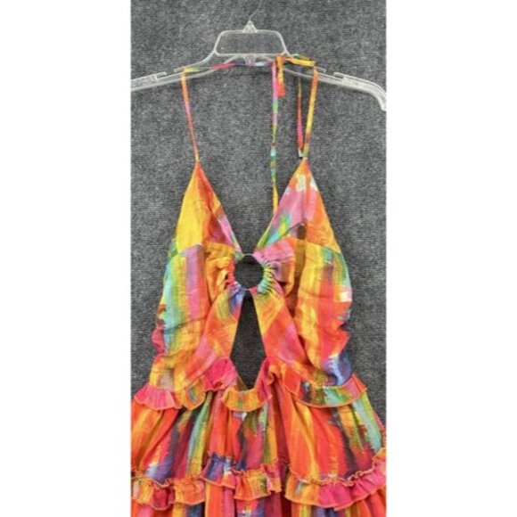 Lilly’s Kloset Women’s XL Ruffled Tie Dyed Halter Dress Peek A Boo Front & Back - Picture 2 of 14
